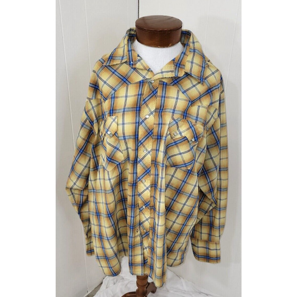 Wrangler Snap Shirts Mens XXL Gold Blue Plaid Pearl Snap Pockets Button Up Shirt - Picture 1 of 8